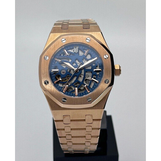 Custom Seiko Mod • Navy Blue Skeleton Rose Gold AP • 39mm